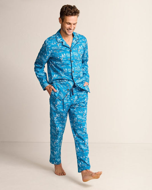 Tommy Bahama | Big & Tall Woven Long Sleeve & Pants Pajama Set / Slate Teal